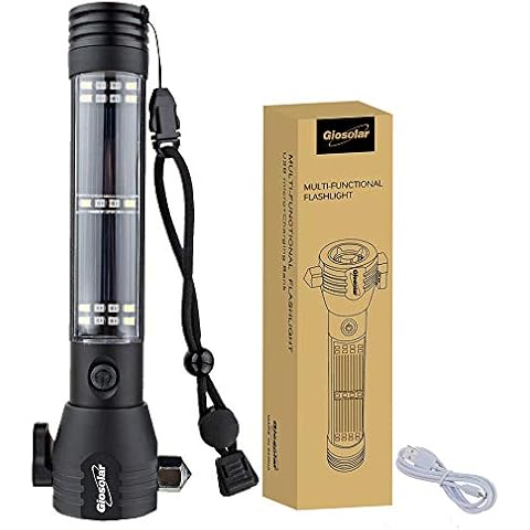 Giosolar Solar Powered Tactical Flashlight Super Bright LED Torch USB Rechargeable Handheld Emergency Torches with Side Light/Safety Hammer/Compass for Camping Hunting Hiking Outdoor Cover