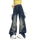 PEAINJ Baggy Cargo Pants for Women Girls Star Patchwork Denim Jeans Low Rise Elastic Waist Jeans Aesthetic Grunge Clothes Blue-S