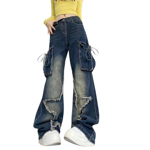 PEAINJ Baggy Cargo Pants for Women Girls Star Patchwork Denim Jeans Low Rise Elastic Waist Jeans Aesthetic Grunge Clothes Blue-M