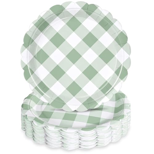 48 Pcs 7" Green Gingham Paper Plates Light Green & White Scalloped Checkered Party Plates, Pastel Plaid Dessert Table Supplies for BBQ Gathering Picnic Baby Shower Birthday Dinner Party Tableware