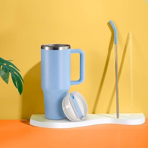 Image of KooK Stainless Steel Tumbler, with Straw and Handle, Leakproof, Vacuum Insulated Travel Coffee Mug, Reusable Double Walled Water Bottle, Keeps Hot or Cold, 40 oz, Sky Blue
