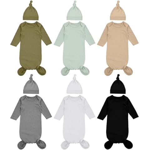 Cuffbow 6 Packs Newborn Baby Knotted Gowns Set 0-6 Months Cotton Sleeper Long Sleeve Nightgown Hat Set for Infant (Dark Color) Cover