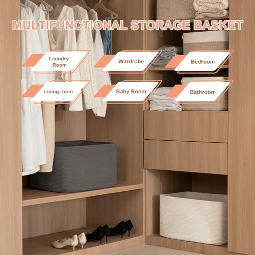Image of OIAHOMY Large Blanket Basket,Storage Basket with Handle, Blanket Basket for Living Room, Rectangle Woven Cotton Rope Basket for Bedroom, Toy Baskets Organizer Bins, 22 inch x 17 inch x 12 inch in, Dark Grey