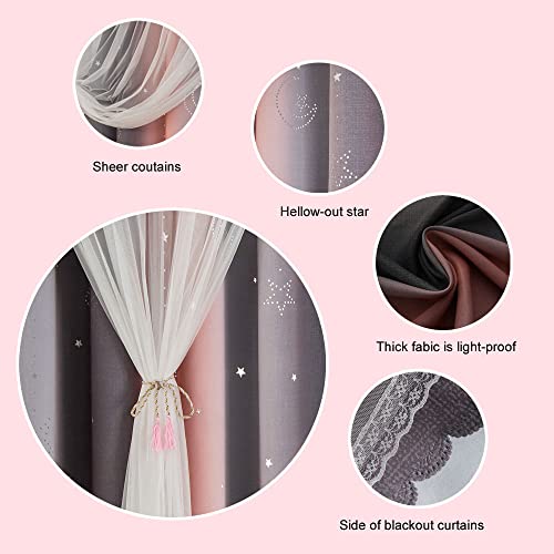 Fanli 2 Panels Star Ombre Rainbow Blackout Curtains For Kid Girls Bedroom Living Room Decor Darkening Moon Double Layer Star Cut Out Stripe Gradient Window Curtain (Pink/Grey, 52Wx63L-2Panels) #TOP2