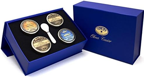 OLMA Four Seasons Black Caviar Gift Box - Includes 4 oz of Domestic Fish Roe - Bowfin, Piluga, Paddlefish & Hackleback Sturgeon - Mother of Pearl Serving Spoon - Overnight Delivery
