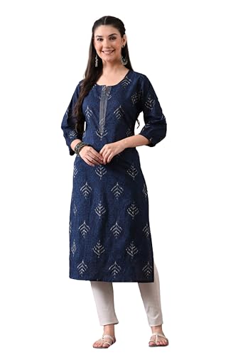 Image of Ichaa Women's Pure Cotton Embroidered Round-Neck Ethnic Kurta with 3 /4th Sleeve for Daily and Office Wear, in Plus Sizes
