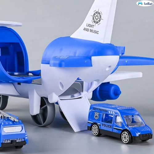Image of FunBlast Police Airplane Toy Set - Big Aircraft with 4 Police Vehicles, Helicopter, Road Signs & Cones, DIY Firefighter Playset for Kids, Educational Role Play Toy for Boys & Girls (Blue)