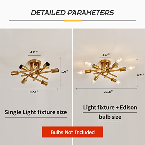 Image of ASGYISA 6-Lights Semi Flush Mount Ceiling Light Fixture Gold Modern Matte Sputnik Chandelier Vintage Ceiling Lamp Farmhouse for Kitchen Bedroom Dining Room Living Room with E26 Bulb Base