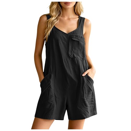 Playsuit mujer verano corto holgado con bolsillos y cuello V en color sólido versátil