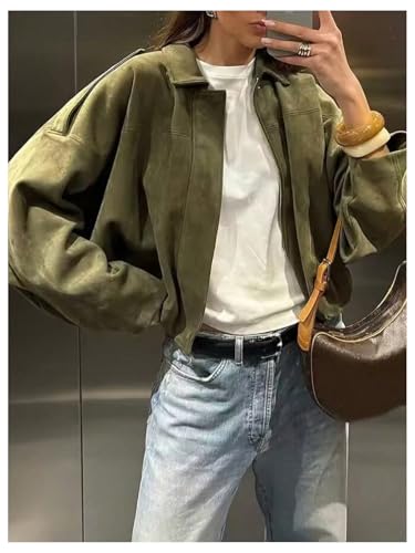 MakeMeChic Women's Faux Suede Bomber Jacket Zip Up Long Sleeve Coat Outerwear Army Green Large4