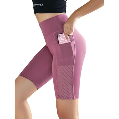 DMMWCX Women's Sports Yoga Shorts Knee-Length Fitness High Waist Side Pocket Quick Dry Tights-Bean Paste-XL