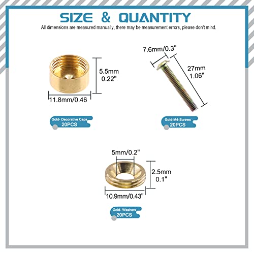 Cimeton 60Stk. 12mm Spiegelschrauben Abdeckkappe mit Spiegel-Dekorschrauben und Unterlegscheiben, goldene Spiegelschrauben Befestigungen für Spiegel Teetische (12mm+M4, gold)