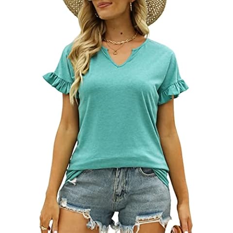 Womens V Neck Summer T Shirts Ruffle Sleeve Shirts Casual Loose Fit Notch Neck Tshirts Tops, Green, Small Cover
