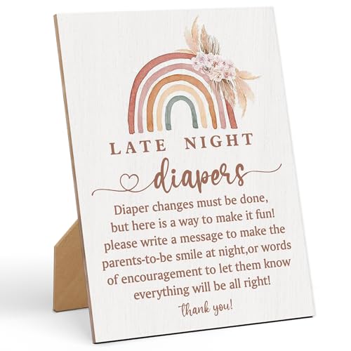Baby Shower Games Late Night Diapers Sign-8×11 Inches, Bohemian Rainbow Wooden Sign, Gender Neutral Tabletop Decor for Gender Reveal Party, Baby Shower Party Favors Supplies Decoration-LA68