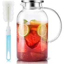 SUSTEAS 2.2 Liter 75oz Glass Pitcher with Lid, Easy Clean Heat Resistant Glass Water Carafe with Handle for Hot/Cold Beverages - Water, Cold Brew, Iced Tea & Juice, 1 Long-Handled Brush Included