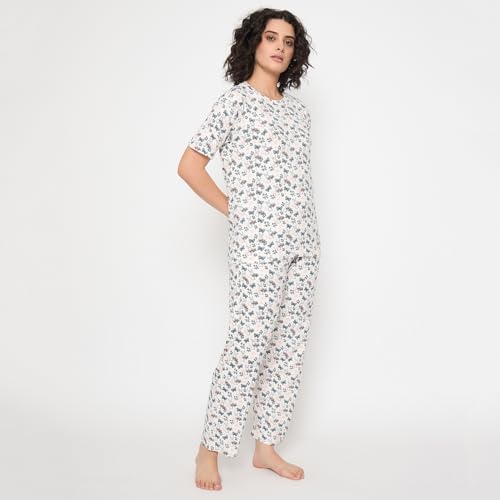 Image of CAMEY Women's Printed Pyjama Set, Short Sleeve T-Shirt and Trousers, Women Nightsuit, Loungewear Sets