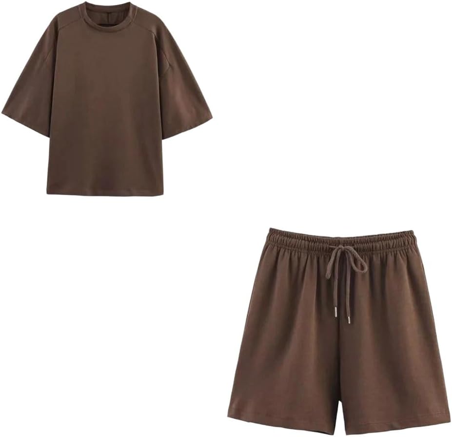 Women's 2 Pieces Short Sets Solid Loose T-Shirt And High Elastic Waist Shorts