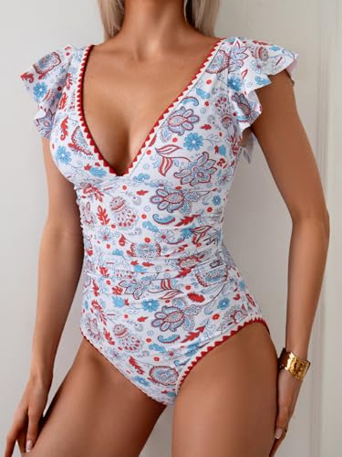 Image of Aidonger Women's One Piece Ruffle Swimsuit Tummy Control Bathing Suit V Neck Shell Stitched Swim Suit Slimming Swimwear