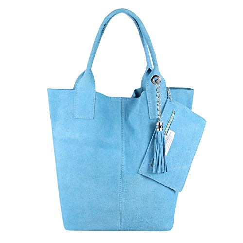 ITALYSHOP24 Made IN Italy Damen XXL Leder Tasche Wildleder Shopper Schultertasche Schmucktasche Hellblau
