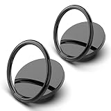 [2 Pack] Small Round Sparkling Cell Phone Ring Holder Stand,360 Degree Rotation and 180 Degree Adjustable Finger Ring Kickstand with Polished Metal Phone Grip (Black)