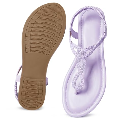 Image of iCKER Womens Braided T‑Strap Flat Sandals Elastic Stretch Ankle Strap | Boho cute casual lightweight and comfort matches dresses for beach vacation