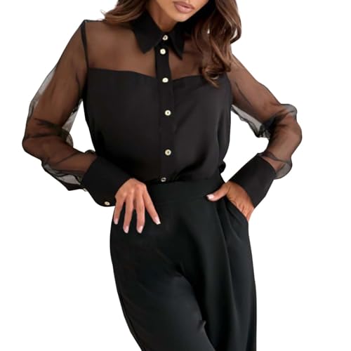 Damen Durchsichtig Bluse - Sheer Hemdshirt Elegant Langarm Button Down...