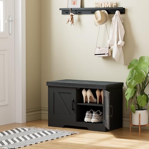 Image of HOMSHO Farmhouse Shoe Storage Bench with 2 Barn Doors & Padded Seat Cushion | 27.6 inch Wide Entryway Bench with Adjustable Shelves & Hidden Storage, Black