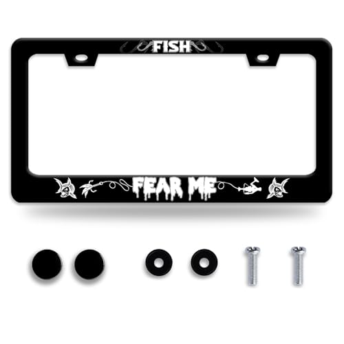 Personalise Fish Fear Me License Plate Frame Fishing License Plate Holder Funny Car Universal Stainless Steel Accessories Cars Decor with 2 Holes and Screws Fits Standard Us Vehicles Size 12.2 X 6 in