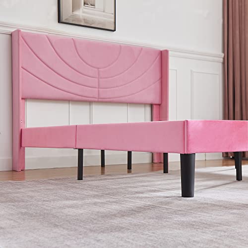 VECELO Upholstered Platform Full Size Bed Frame with Fabric Headboard,Wooden Slats Support/No Box Spring Needed/Mattress Foundation,Pink - Thumbnail 5