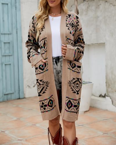 ZOCAVIA Women's Aztec Knit Cardigan Ethnic Vintage Geometric V Neck Long Sleeve Open Front Cardigan Sweater Outwear Coats2