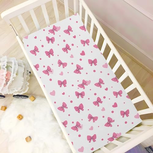 Image of Pink Bows Hearts Pattern Crib Sheets Stretchy Portable Sheets for Baby Toddler Breathable Soft Crib Mattress Sheet for Girls Boys