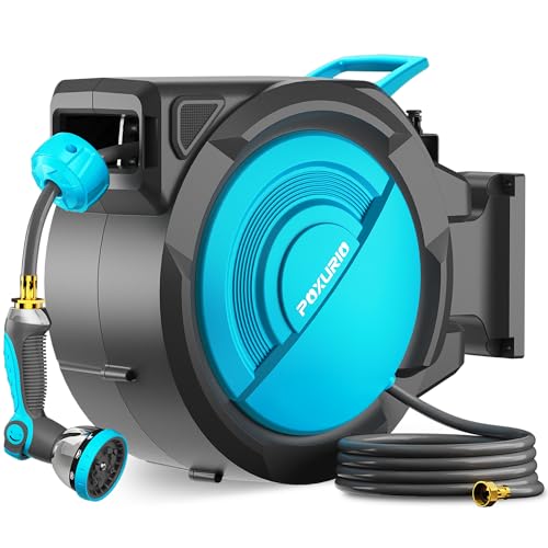 POXURIO 5/8' 110FT Retractable Garden Hose Reel, Wall Mounted Automatic Hose Reel with Upgraded 10 Pattern Nozzle/Any Length Lock/Slow Return System/180°Swivel Bracket, AquaBlue