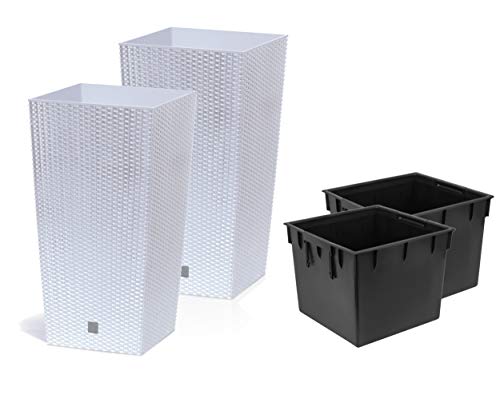 Stolmet Lot de 2 pots de fleurs carrés hauts en rotin plastique pour intérieur/extérieur + insert (35 L, blanc)