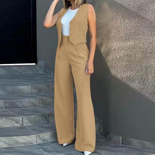 Women's 2 Piece Outfits 2024 Casual Dressy Button Down Sleeveless Blazer Vest Wide Leg Pants Sets Work Business Suits2