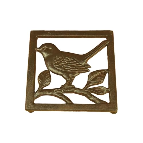 JSBWSFA Birdie Cast Iron Trivet, Square with Vintage Pattern Decorative Cast Iron Trivet for Kitchen or Dining Table Rubber Feet Caps for Hot Pans or Teapot