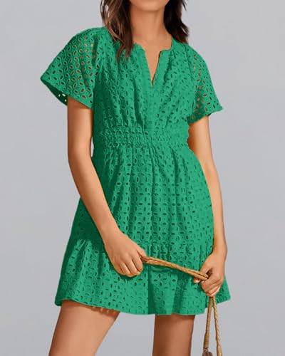 Image of Women Summer Short Sleeve Dress Hollow Out A Line V Neck Smocked Waist Ruffle Beach Mini Dresses