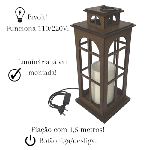 Luminária De Chão Lanterna Lampião Lepus Colonial Para Sala Mesa Mdf Cúpula Bivolt Fiação 1,5 metros