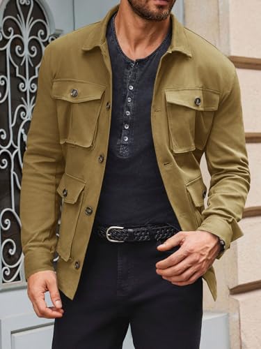 Runcati Mens Lightweight Safari Jacket Casual Button Up Jacket Windproof Work Coat with Pockets3