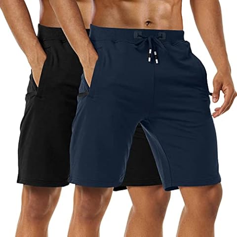 Boyzn Men's 2 Pack Athletic Shorts Comfortable Cotton Workout Shorts Elastic Waist Running Shorts with Zipper Pockets, 2pack-black/Navy, Large Cover