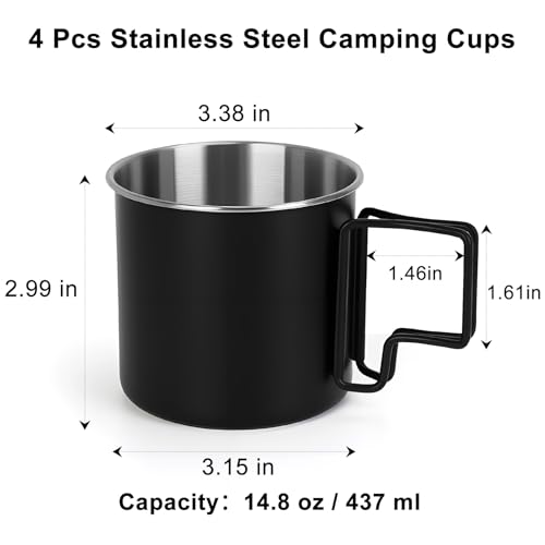 Ftabernam 4 Pack Stainless Steel Camping Cups with Foldable Handle, 14.8oz Portable Cups for Coffee & Travel, Dishwasher Safe - Perfect for Picnic, Hiking, Office (4 Colors) - Image 2