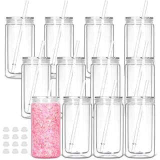 Tswofia 12-Pack Snow Globe Tumbler, 16 Oz Double Wall Can with Pre-Drilled Hole, Lid, Straw - Plastic Mason Jar Mug for DIY Glitter Snow Globe Gift (Clear)