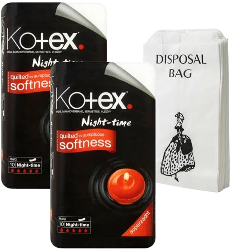 Maxi Night Time - Toallas sanitarias (2 x 10 unidades, 20 almohadillas), suaves sin aromas artificiales y 20 bolsas sanitarias de papel desechables, bolsas de eliminación sanitaria, para almohadillas