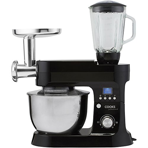 Cooks Professional Stand Mixer & Mincer 1200W | Electric Food Mixer with Pulse Setting | 6.2 Litre Stainless Steel Bowl | Blending Jug, Dough Hook, Whisk, Beater & Splash Guard | Black