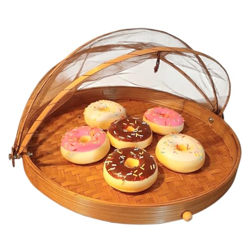 Générique Cloche à Fromage, Fruits 25 cm en Bambou, Garde Manger Artisanal Rond,Cloche Alimentaire Anti Insectes, Filet Marron