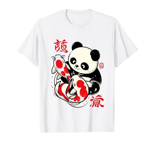 Lindo Little Japanese Panda Playing with Japanese Koi Fish Camiseta