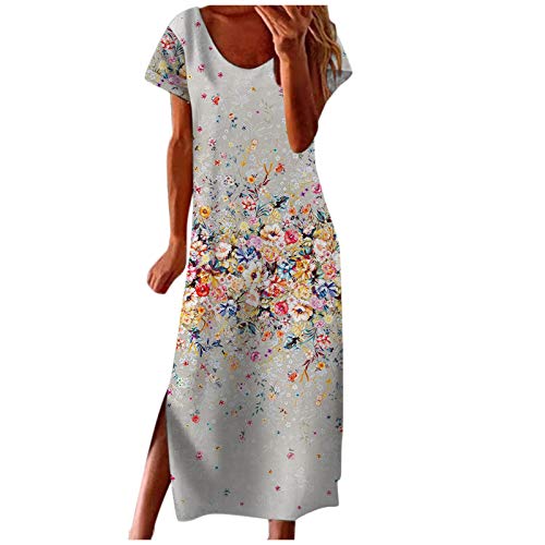 Sommerkleid Damen Kurz Elegant Seitlich Geteiltes Long Dress mit Bunt Motiv Rundhals Freizeit Kleider Große Größen Blusenkleid Festkleid Abendkleider Partykleid Cocktailkleid Brautkleid Ballkleid Cover