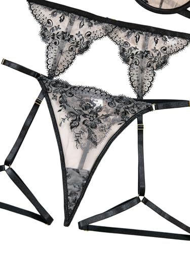 Image of Lilosy Sexy Choker Floral Lace Scallop Sheer Underwire Push Up Garter Belt Lingerie Set 3 Piece