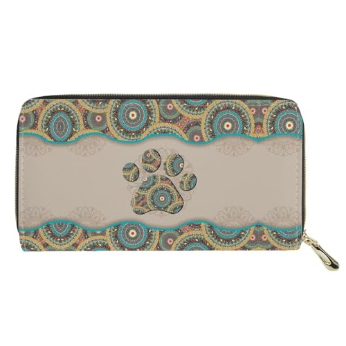 Poceacles Boho Mandala Dog Paw Print Leather Wallet Change Purse for Women Men, Zip Closure Money Key Phone Organizers Case2