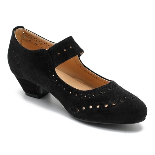 Women's Low Chunky Heel Ankle Strap Cut Out Closed Toe Pumps Hook and Loop Retro D'Orsay Vintage Dressy Wedding Party Church Shoes2