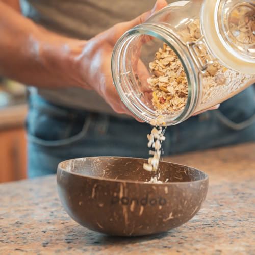 pandoo Kokosnuss Schalen 2er Set mit Kokos Löffel | 100% Naturprodukt | Plastikfreie Alternative - Handgefertigt mit Kokosöl poliert | Coconut Bowls Schüsseln | Müslischale, Kokosnuss Schale